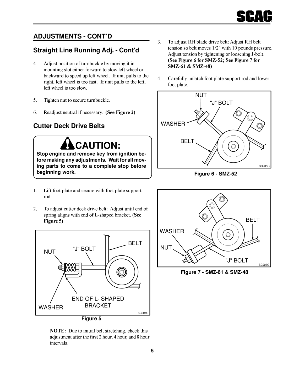 Scag Power Equipment SSZ operating instructions Straight Line Running Adj. Contd, Cutter Deck Drive Belts 