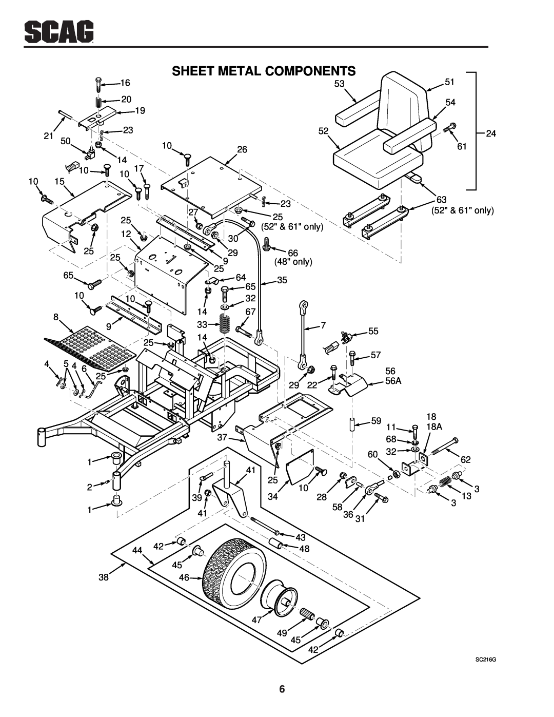 Scag Power Equipment SSZ operating instructions Sheet Metal Components, SC216G 