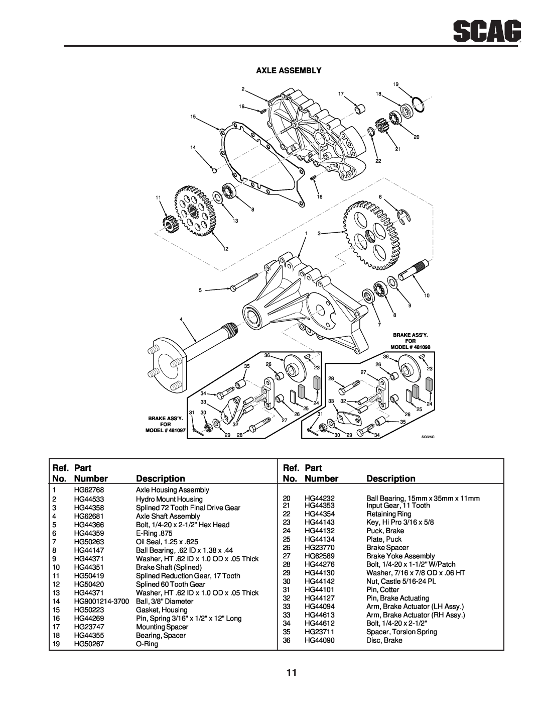 Scag Power Equipment SSZ operating instructions Axle Assembly, Brake Assy For Model # 