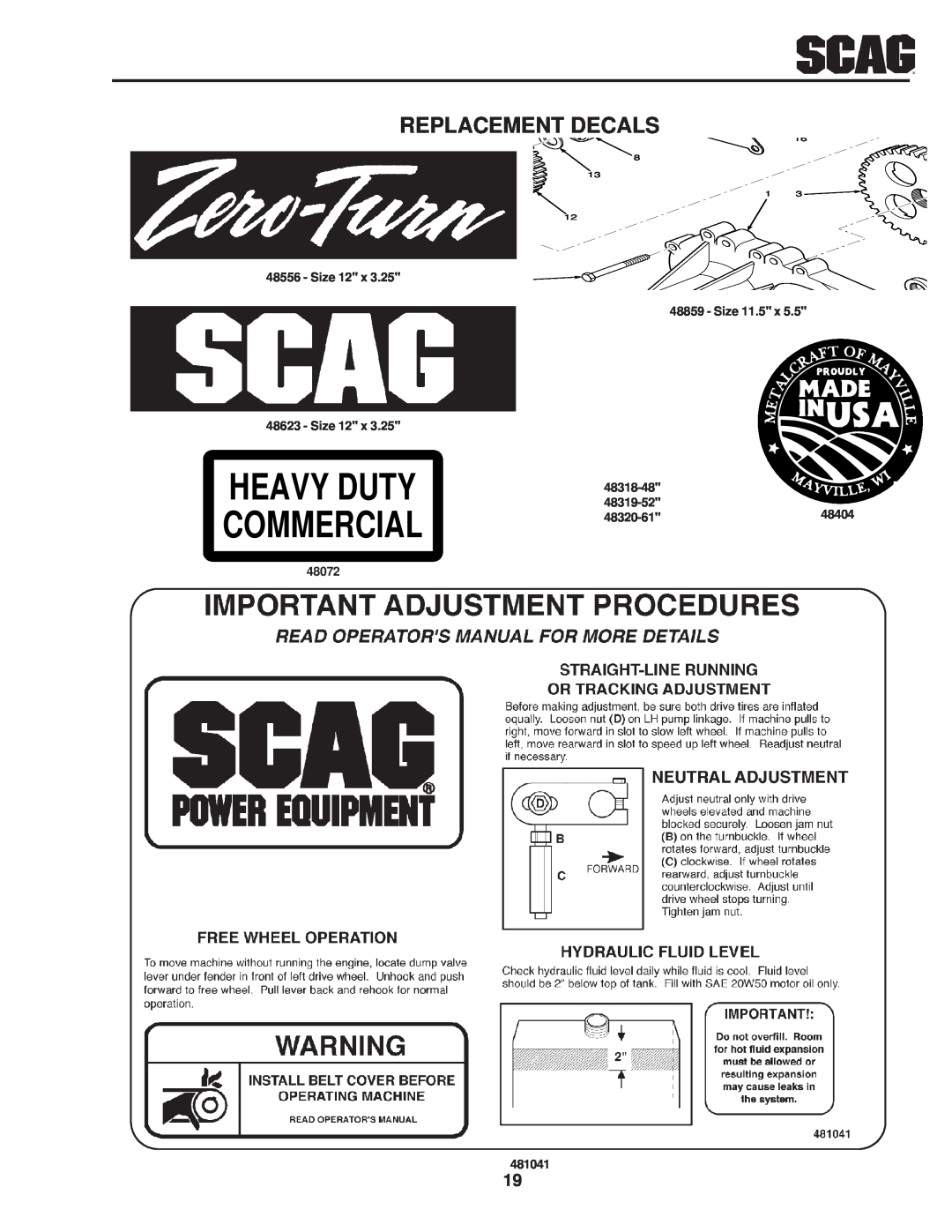 Scag Power Equipment SSZ operating instructions Replacement Decals, Heavy Duty Commercial 