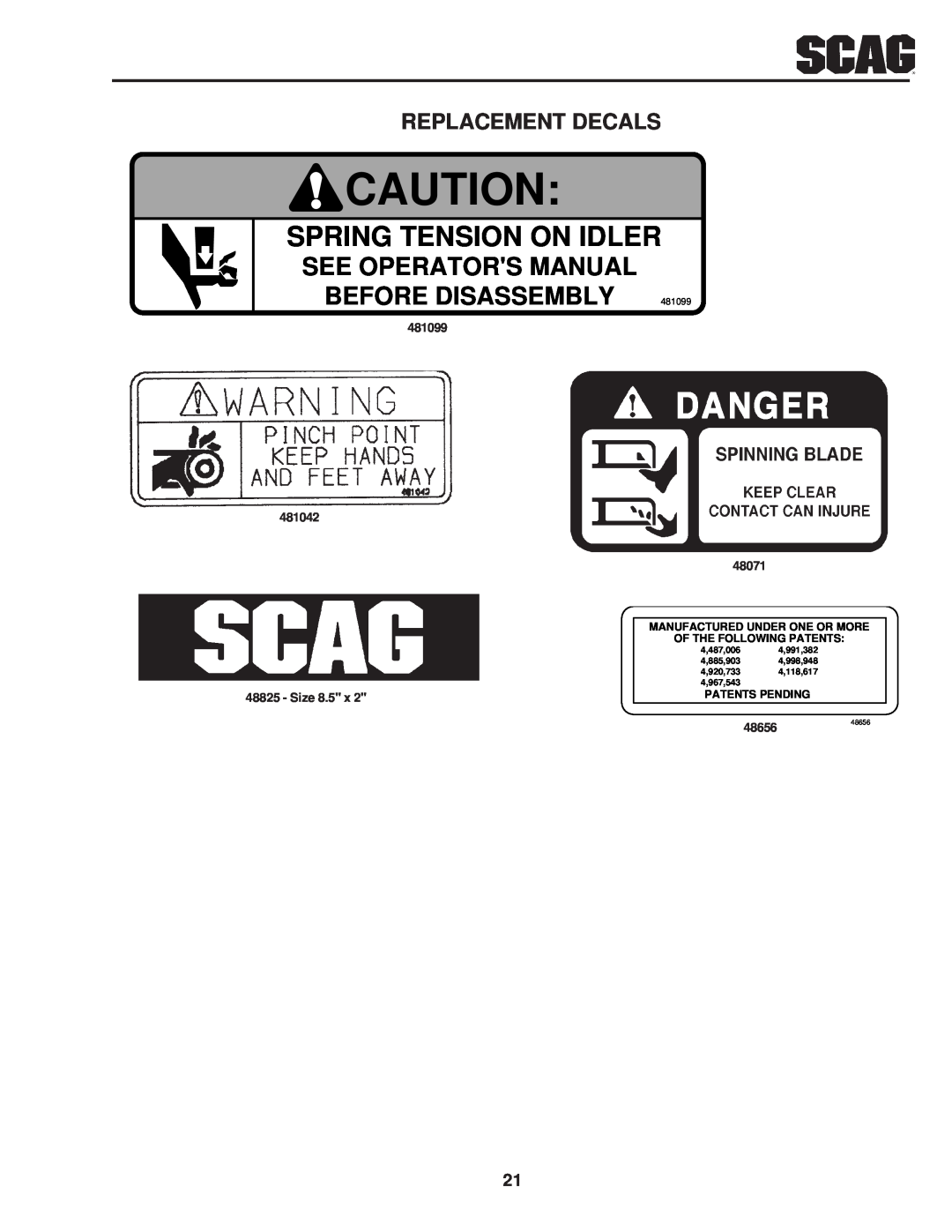 Scag Power Equipment SSZ Spring Tension On Idler, See Operators Manual Before Disassembly, Replacement Decals, 48656 