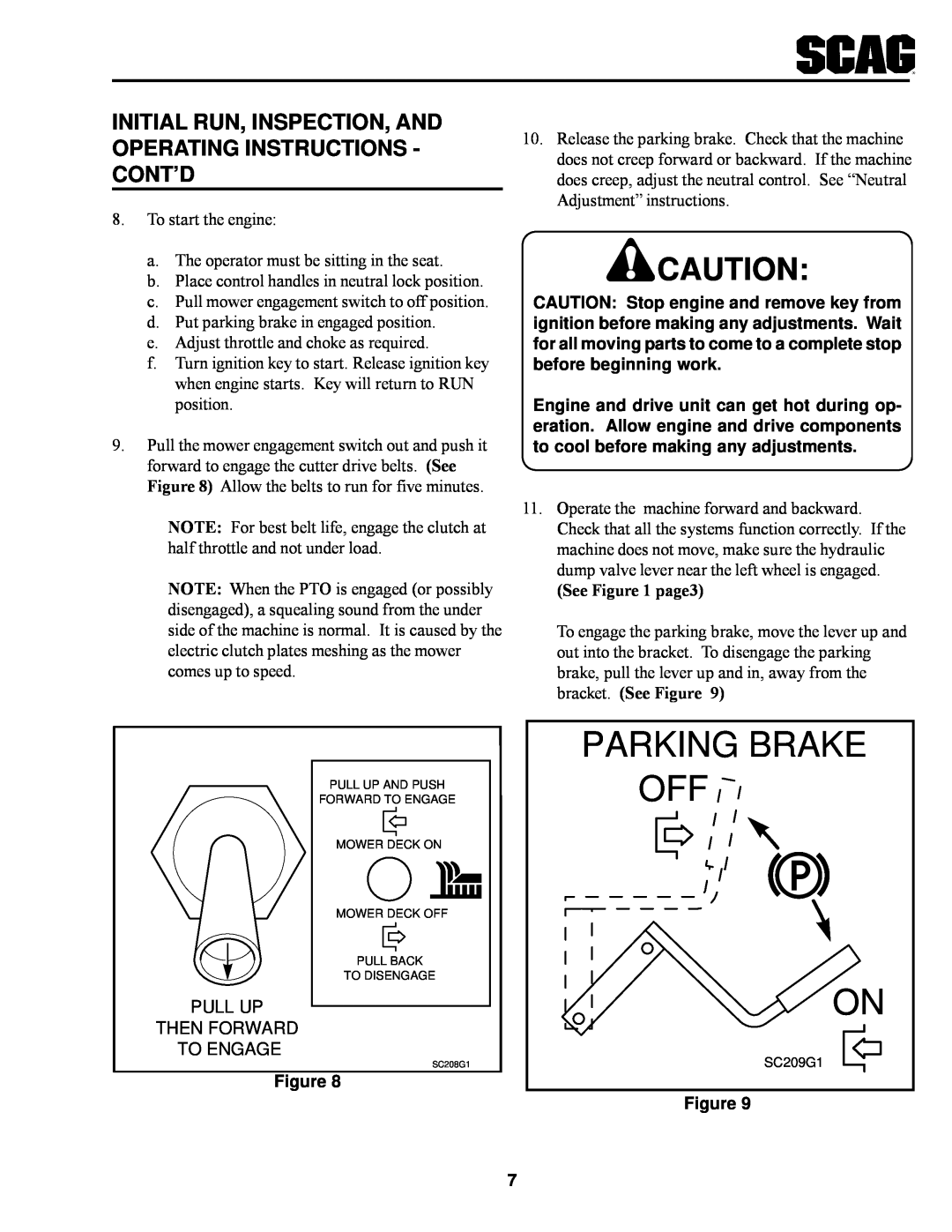 Scag Power Equipment SSZ Initial Run, Inspection, And Operating Instructions - Cont’D, Parking Brake, See page3 