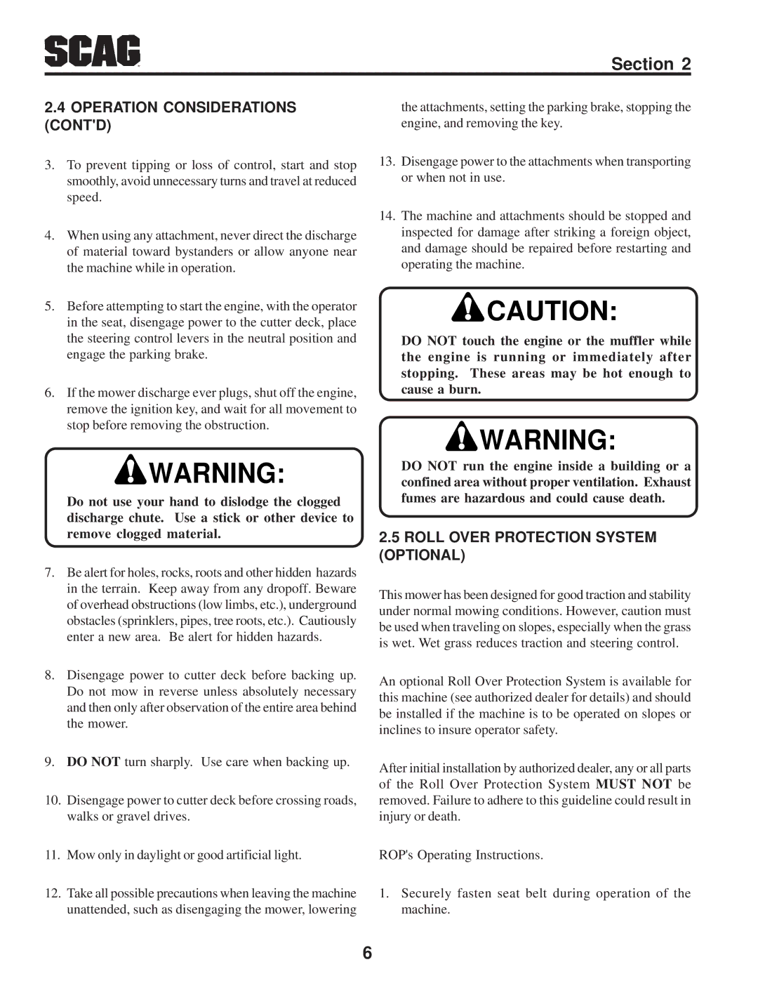 Scag Power Equipment STC operating instructions Operation Considerations Contd, Roll Over Protection System Optional 