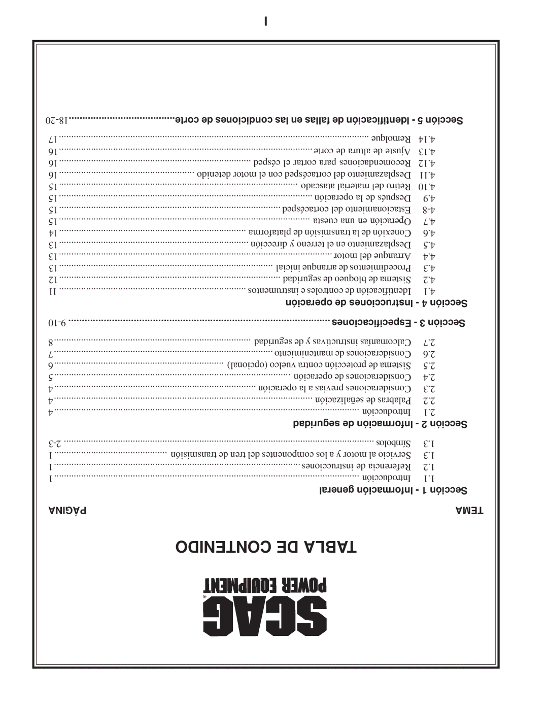 Scag Power Equipment STC operating instructions Contenido DE Tabla, General Información 1 Sección 