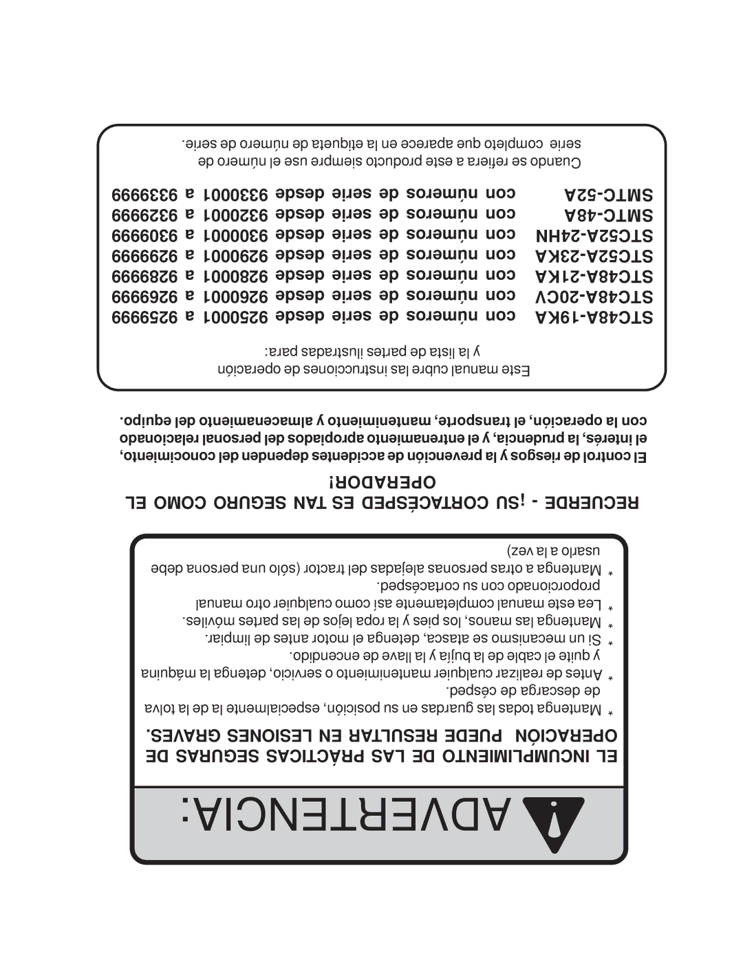 Scag Power Equipment STC operating instructions Advertencia 