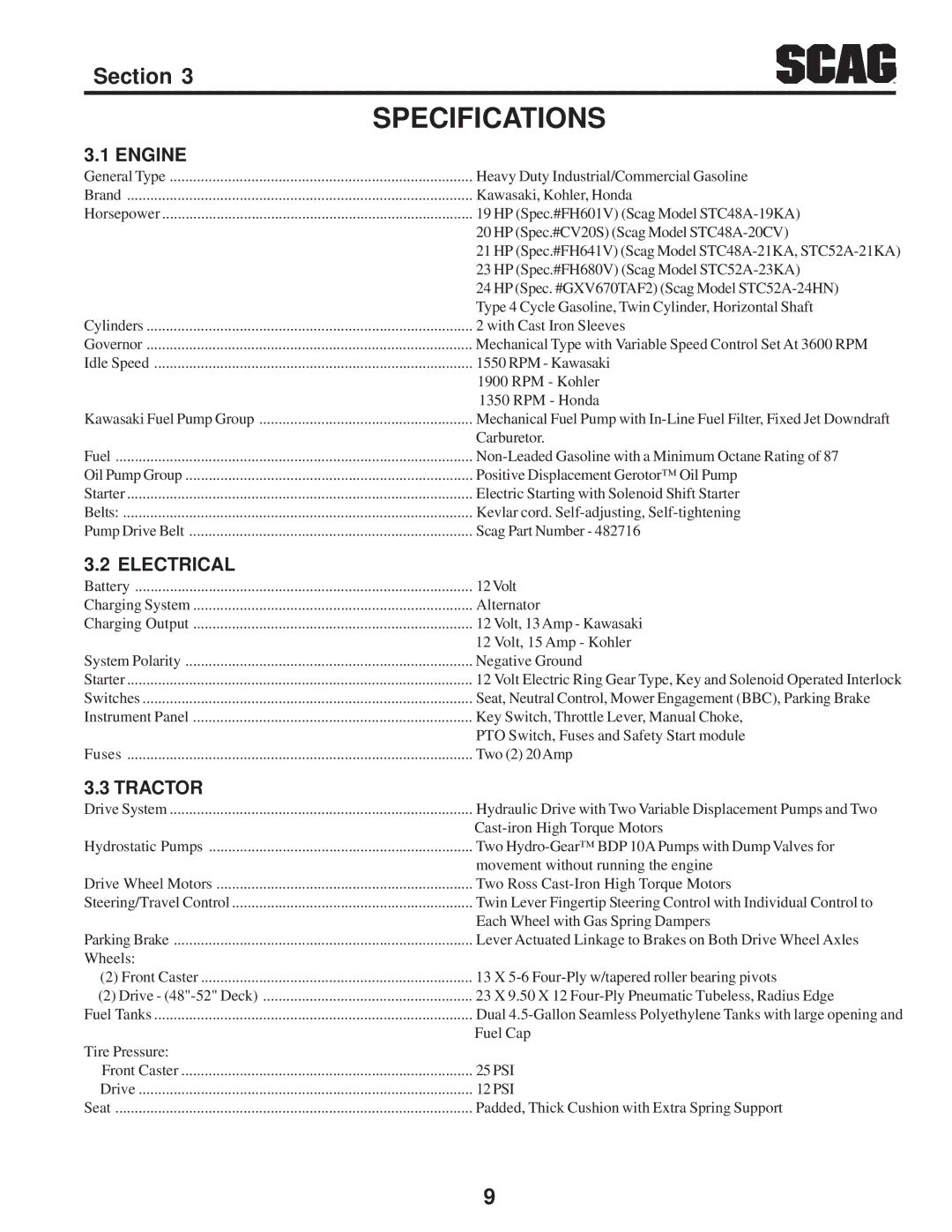 Scag Power Equipment STC operating instructions Specifications, Engine, Electrical, Tractor 