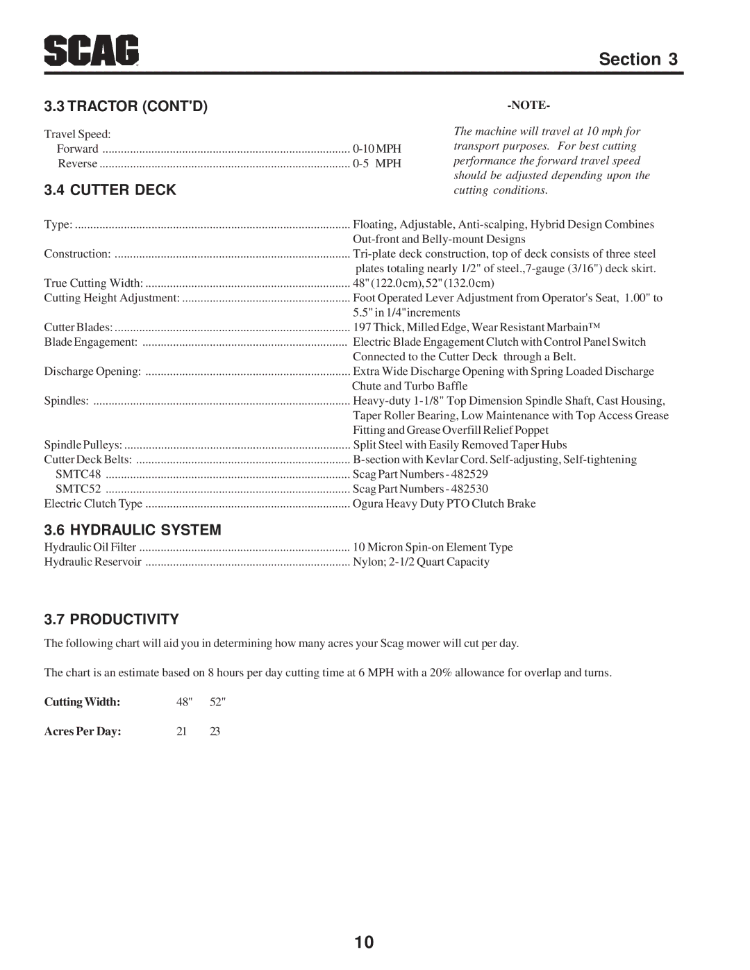 Scag Power Equipment STC operating instructions Tractor Contd, Cutter Deck, Hydraulic System, Productivity 