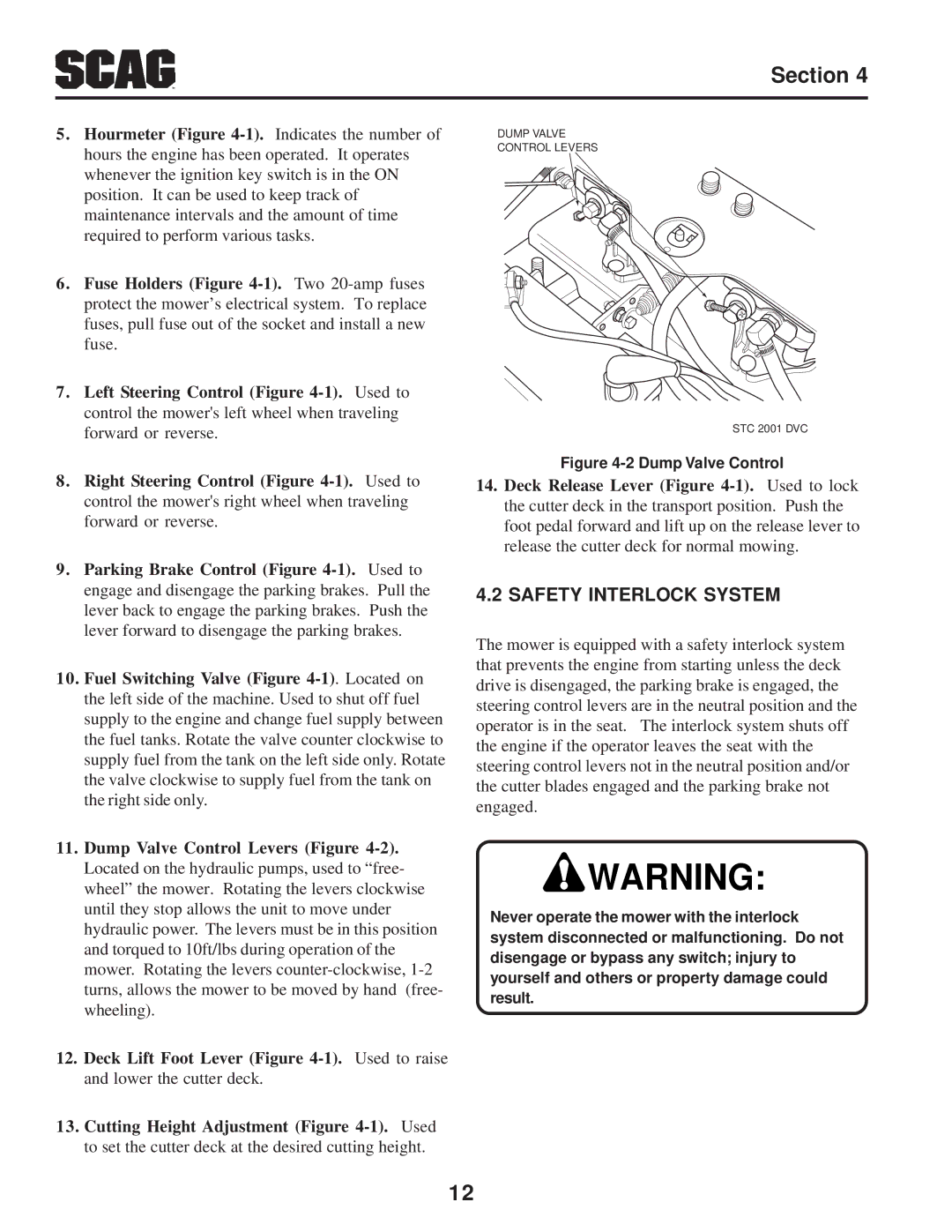 Scag Power Equipment STC operating instructions Safety Interlock System, Dump Valve Control 