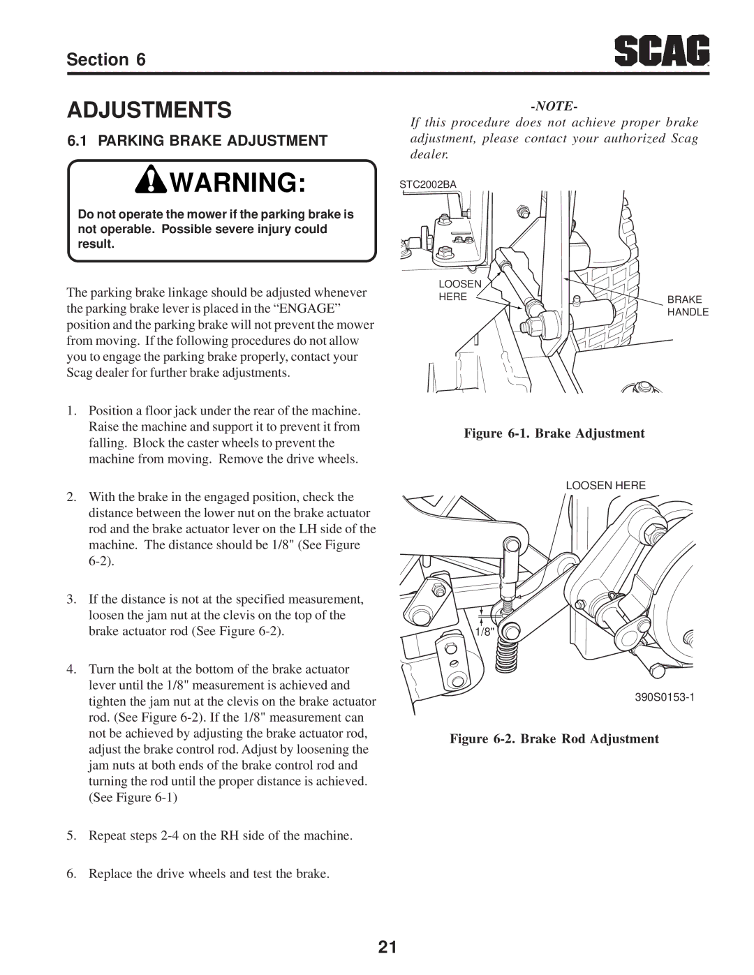 Scag Power Equipment STC operating instructions Adjustments, Parking Brake Adjustment 