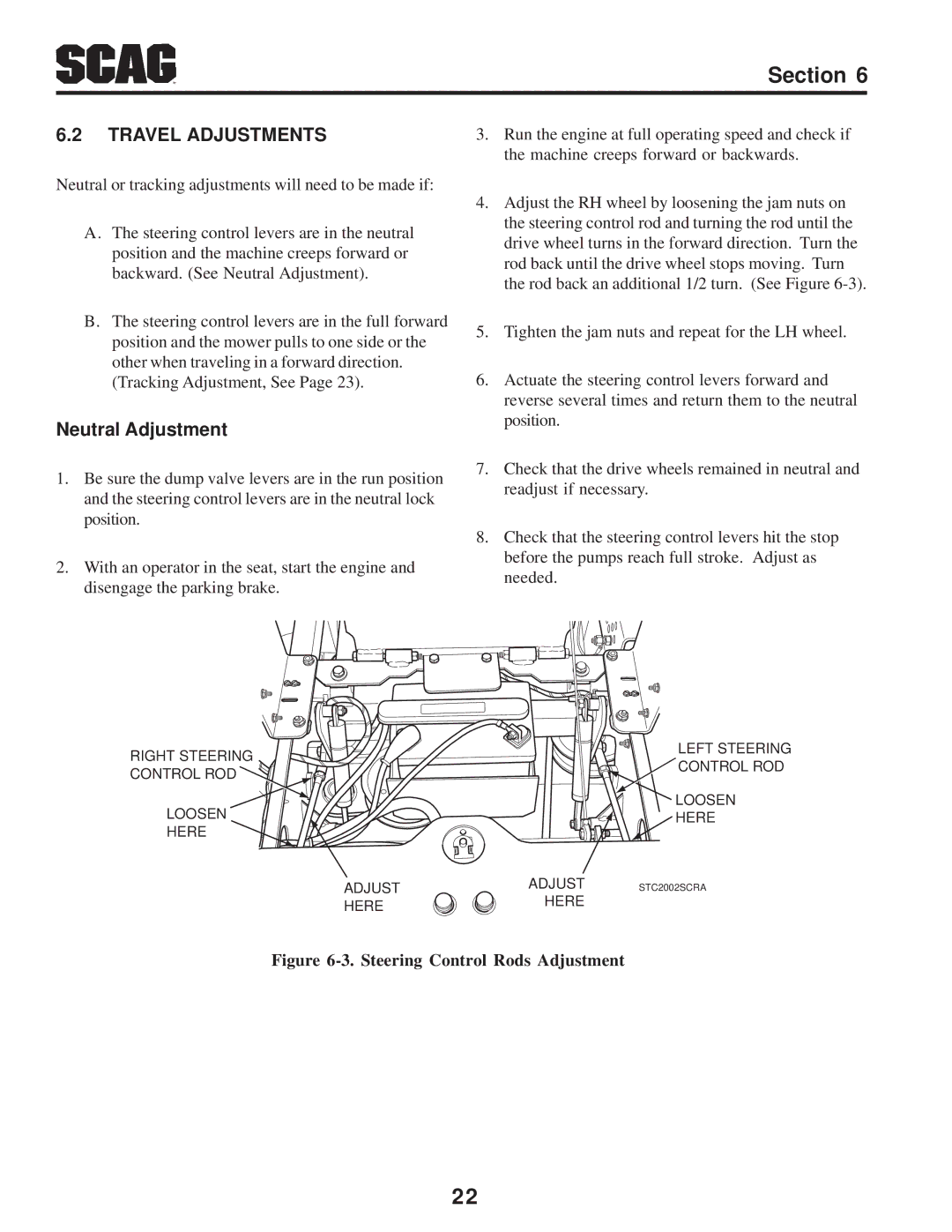 Scag Power Equipment STC operating instructions Travel Adjustments, Neutral Adjustment 