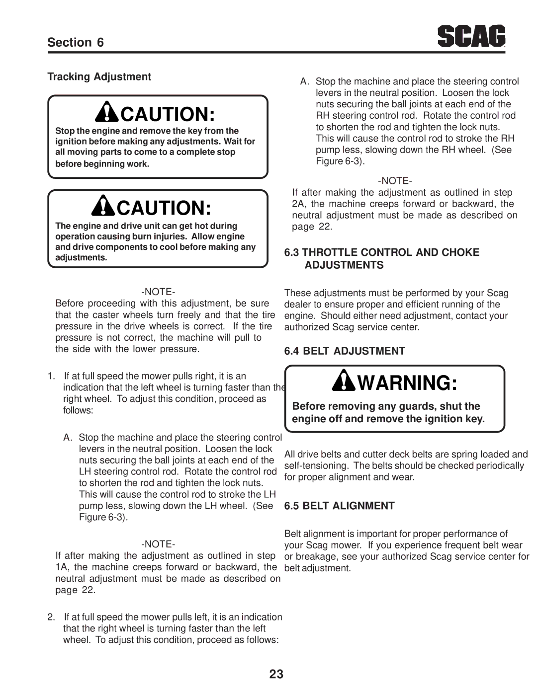 Scag Power Equipment STC Tracking Adjustment, Throttle Control and Choke Adjustments, Belt Adjustment, Belt Alignment 