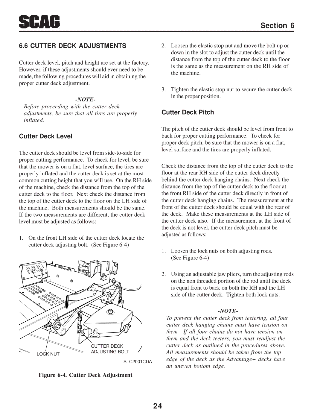 Scag Power Equipment STC operating instructions Cutter Deck Adjustments, Cutter Deck Level, Cutter Deck Pitch 