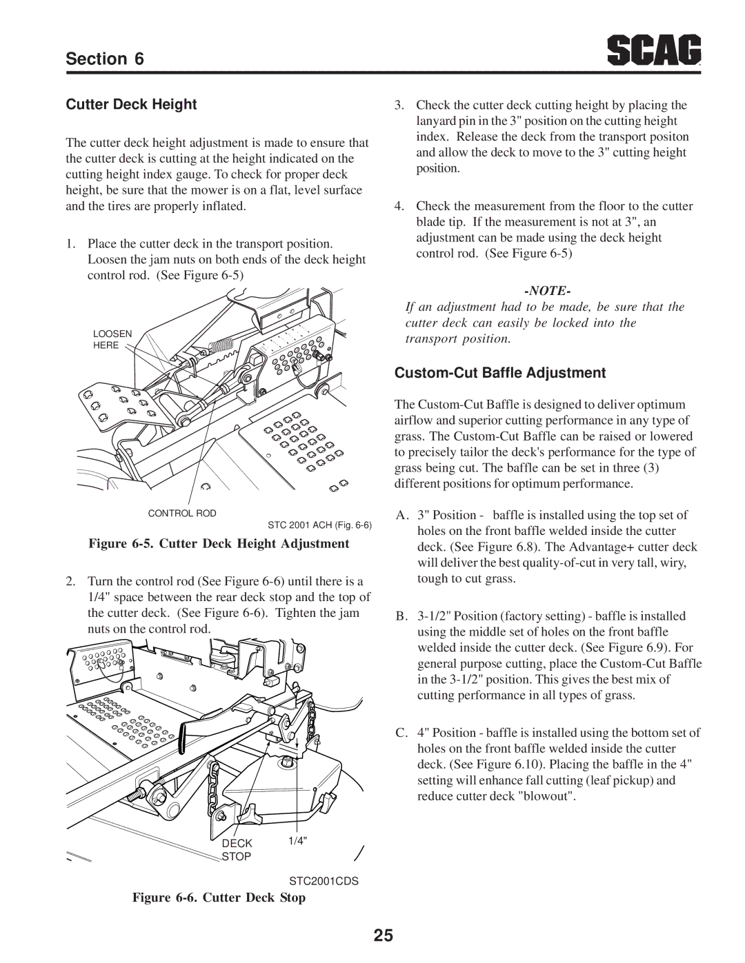 Scag Power Equipment STC operating instructions Cutter Deck Height, Custom-Cut Baffle Adjustment 