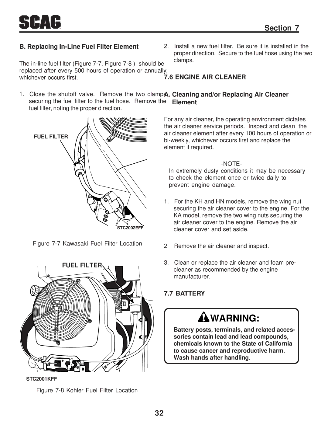 Scag Power Equipment STC operating instructions Replacing In-Line Fuel Filter Element, Engine AIR Cleaner, Battery 