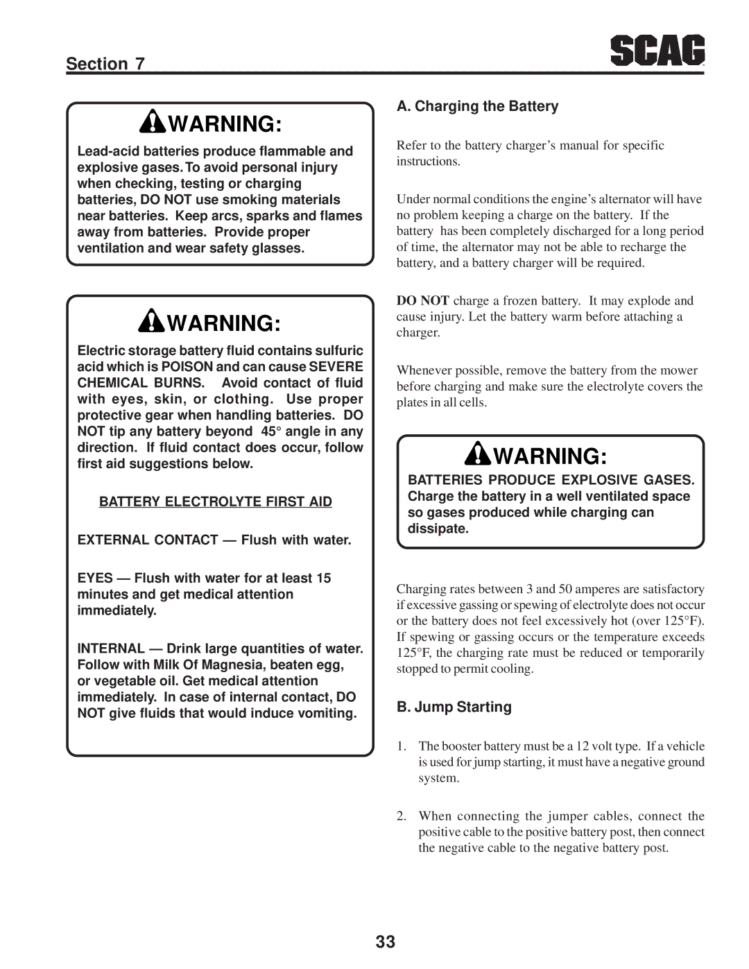 Scag Power Equipment STC operating instructions Charging the Battery, Jump Starting, Battery Electrolyte First AID 