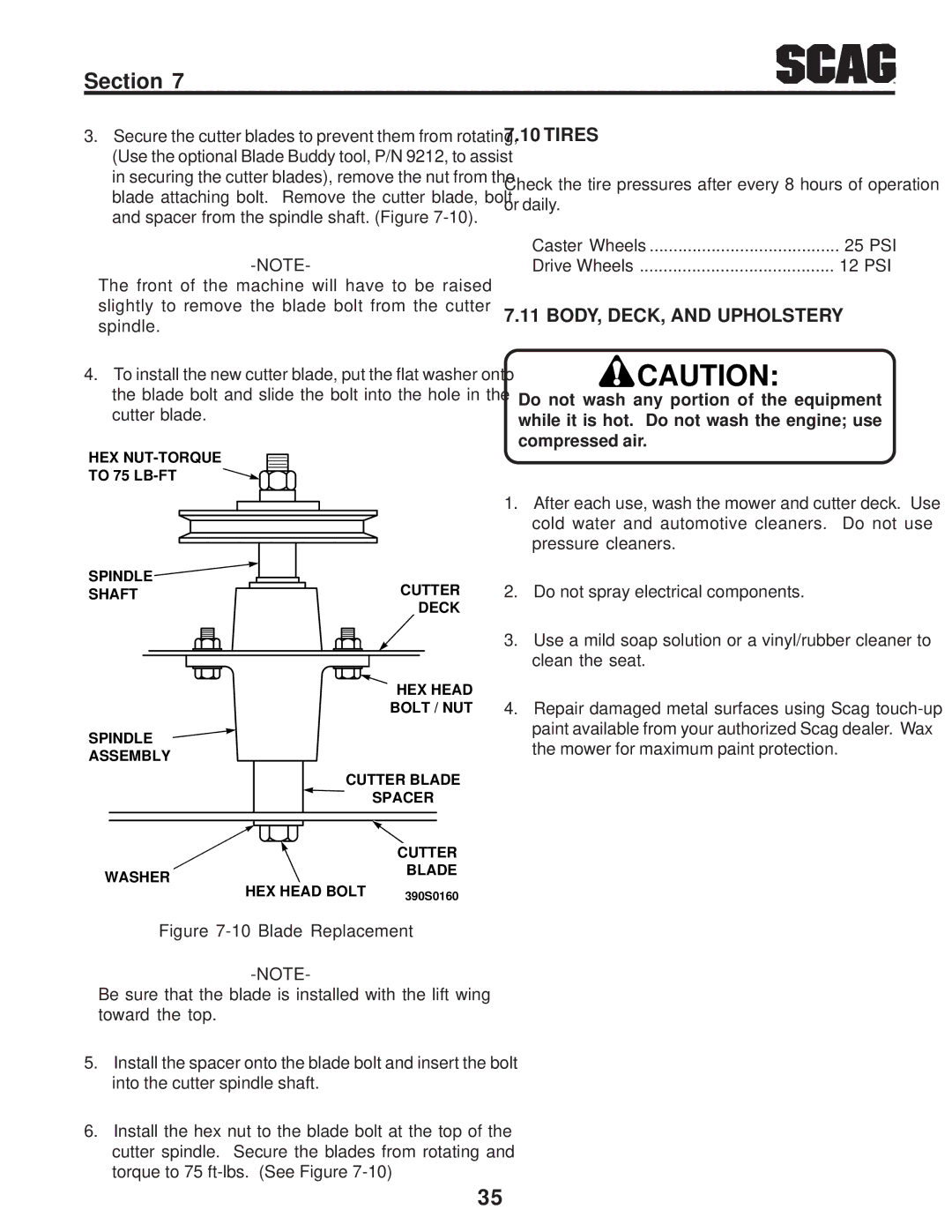 Scag Power Equipment STC operating instructions Tires, BODY, DECK, and Upholstery 