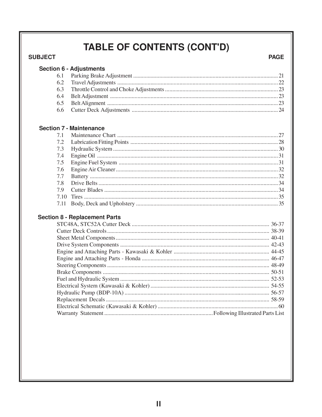 Scag Power Equipment STC operating instructions Table of Contents Contd 