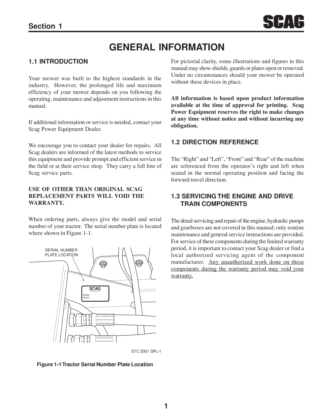 Scag Power Equipment STC operating instructions General Information, Introduction, Direction Reference 