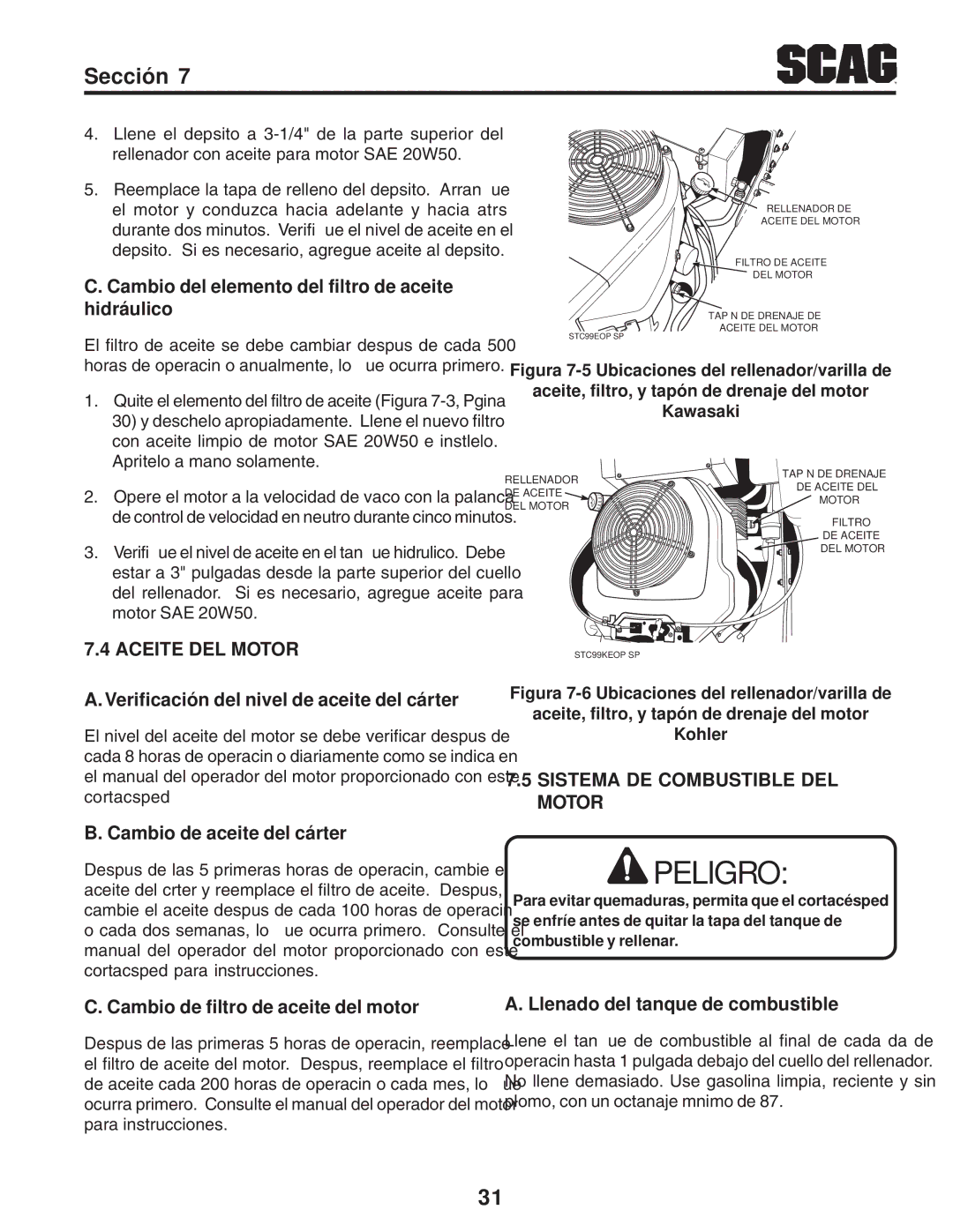 Scag Power Equipment STC Combustible de tanque del Llenado .A, Motor DEL Combustible DE Sistema, Motor DEL Aceite 