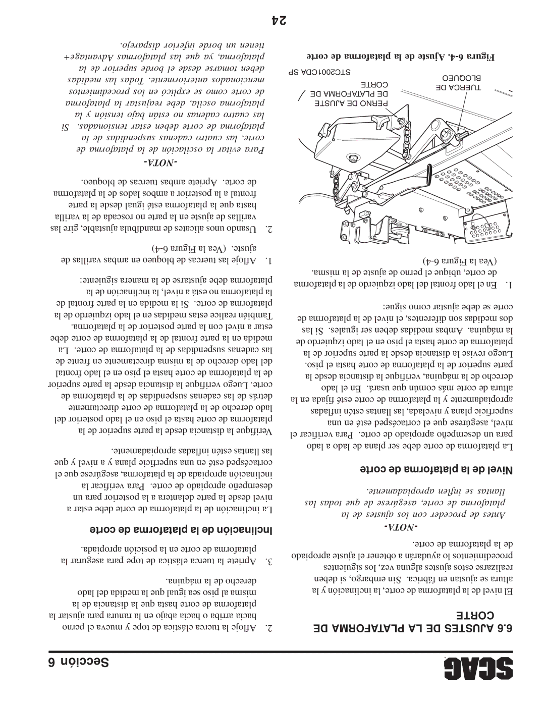 Scag Power Equipment STC operating instructions Corte de plataforma la de Nivel, Corte DE Plataforma LA DE Ajustes 