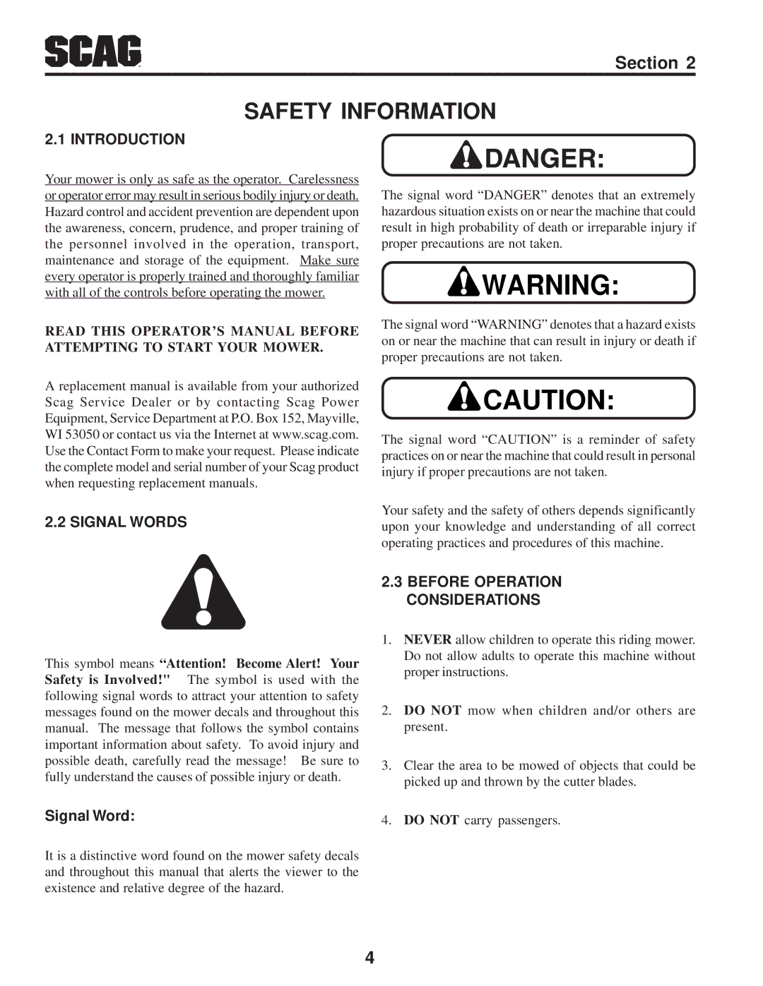 Scag Power Equipment STC operating instructions Safety Information, Signal Words, Before Operation Considerations 