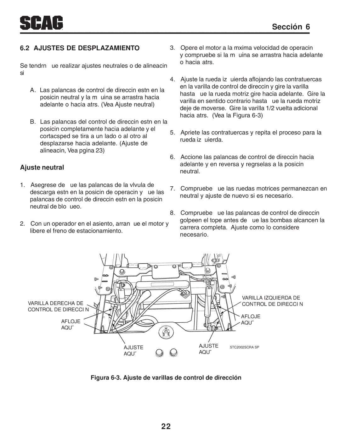 Scag Power Equipment STC Neutral Ajuste, Desplazamiento DE Ajustes, Dirección de control de varillas de Ajuste .3-6 Figura 