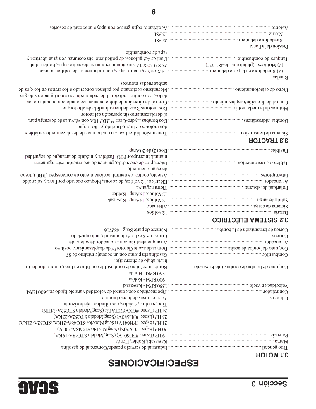 Scag Power Equipment STC operating instructions Especificaciones, Tractor, Eléctrico Sistema, Motor 