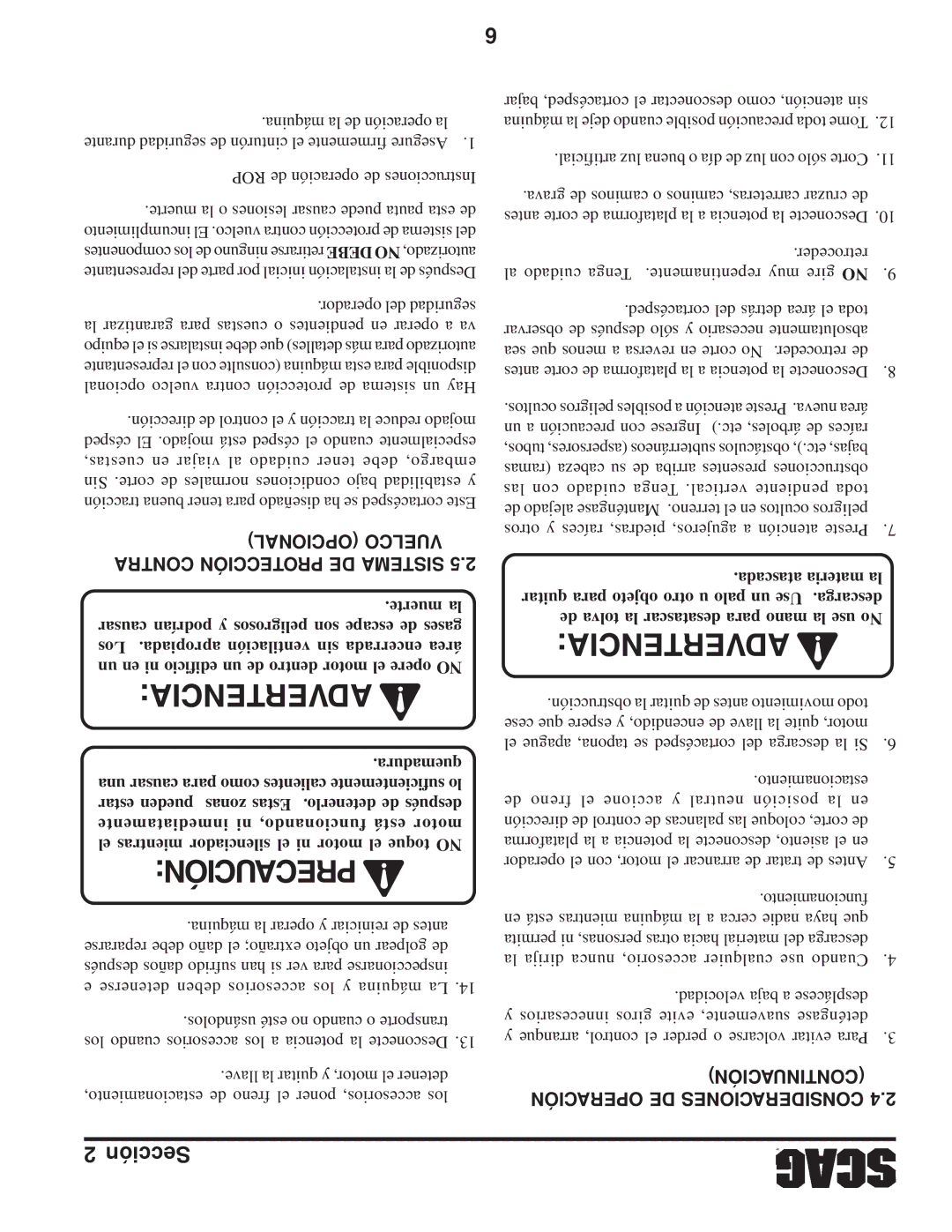 Scag Power Equipment STC Continuación, Opcional Vuelco Contra Protección DE Sistema, Operación DE Consideraciones 