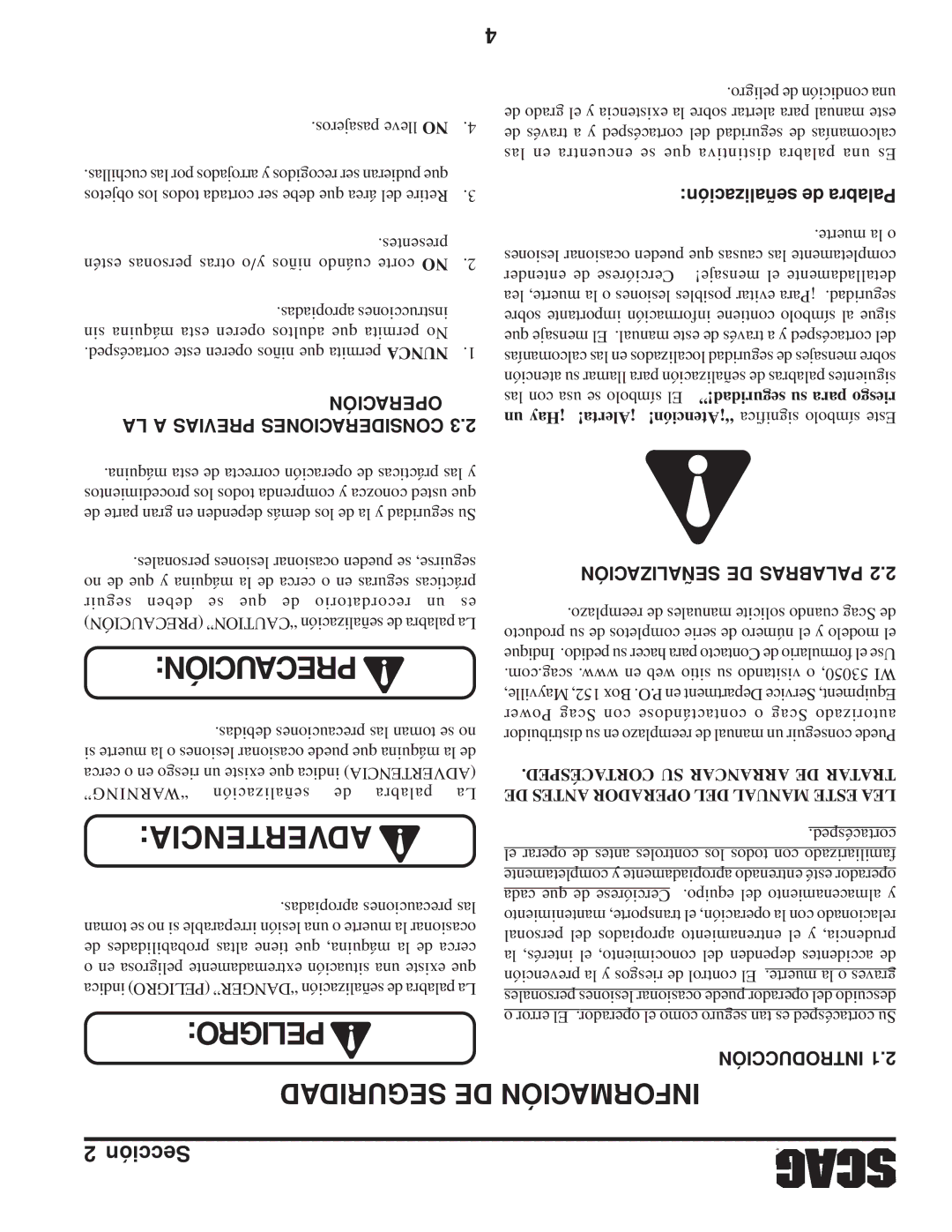 Scag Power Equipment STC Seguridad DE Información, Operación, Señalización de Palabra, Señalización DE Palabras 
