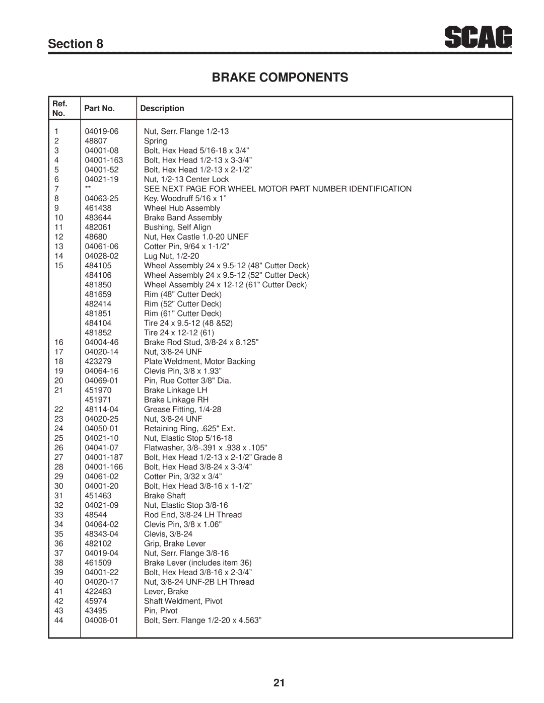 Scag Power Equipment STC52V-27CV, STC48V-25CV manual Brake Components 