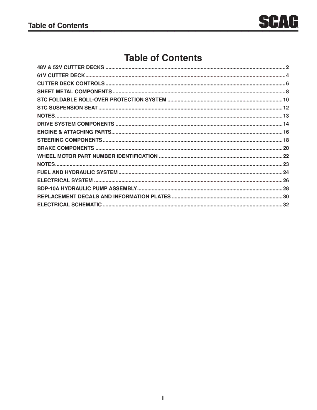 Scag Power Equipment STC52V-27CV, STC48V-25CV manual Table of Contents 