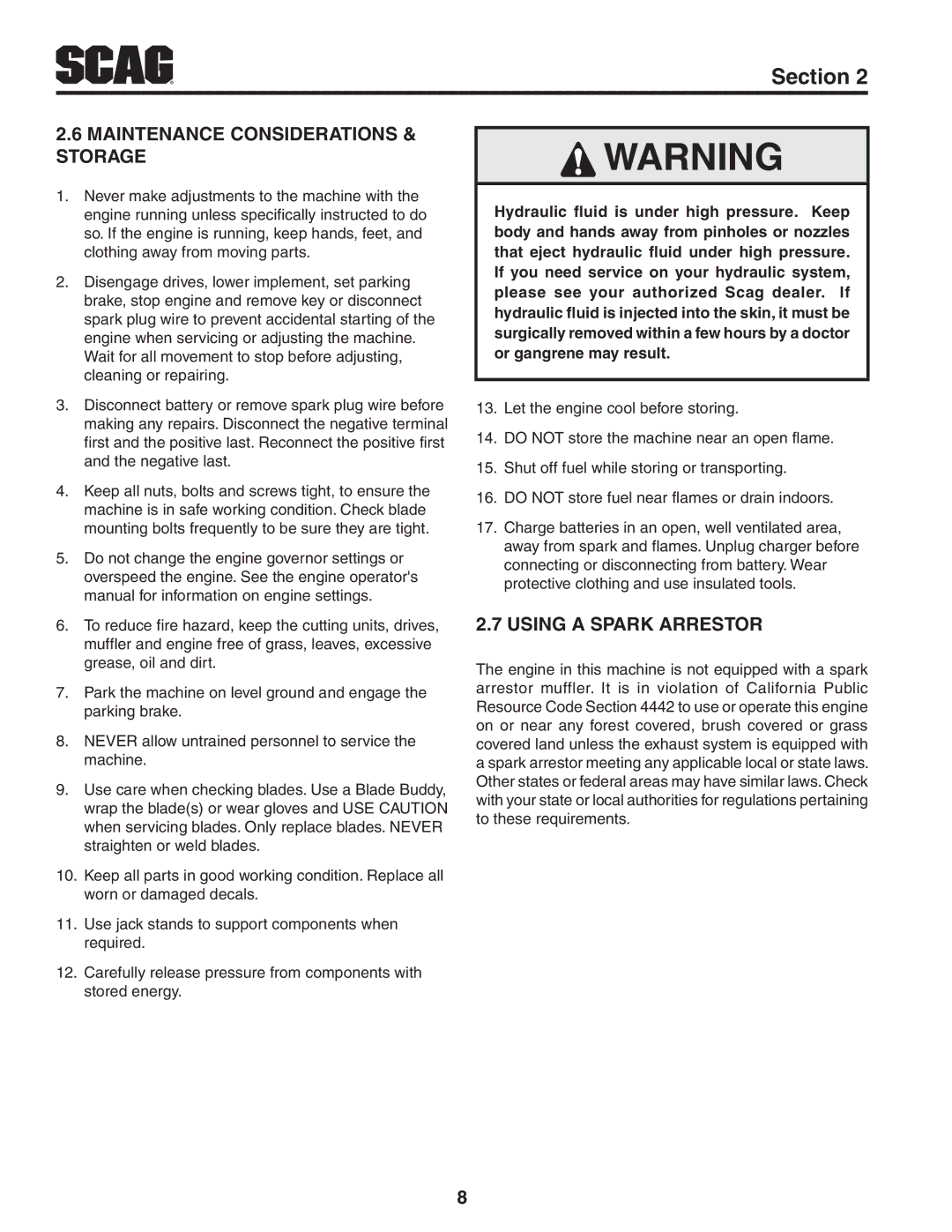 Scag Power Equipment STC52V-27CV-SS manual Maintenance Considerations & storage, Using a spark arrestor 