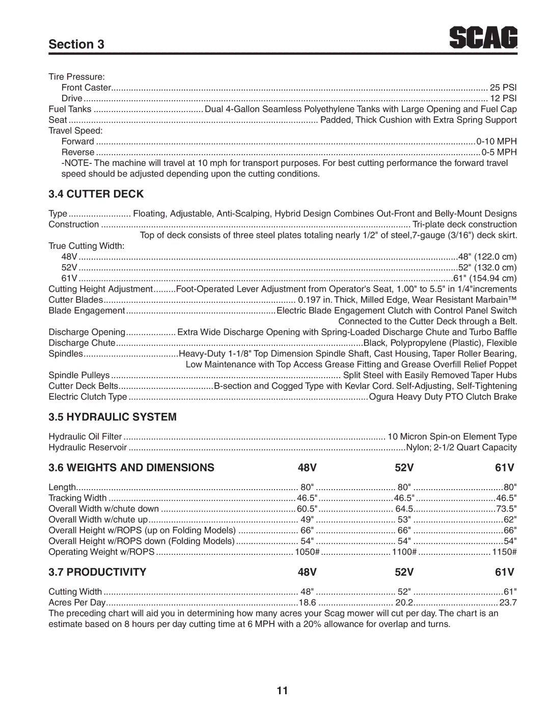 Scag Power Equipment STC52V-27CV-SS manual Cutter Deck, Hydraulic System, Weights and Dimensions 48V 52V 61V, Productivity 