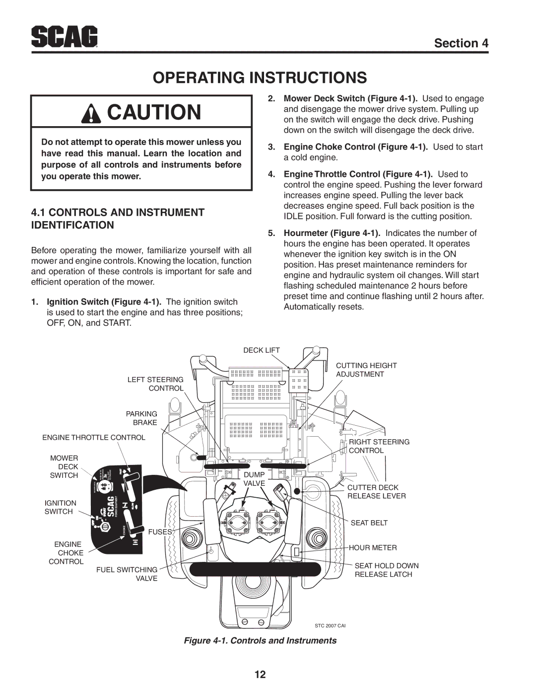 Scag Power Equipment STC52V-27CV-SS manual Operating Instructions, Controls and Instrument Identification 