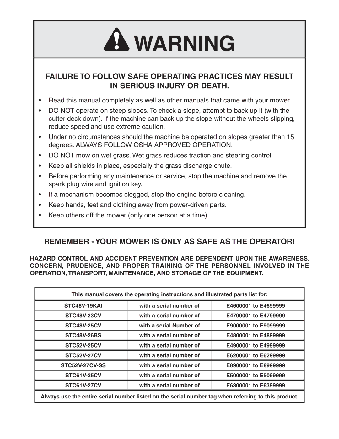 Scag Power Equipment STC52V-27CV-SS manual Remember Your Mower is only AS Safe AS the Operator, STC48V-19KAI 