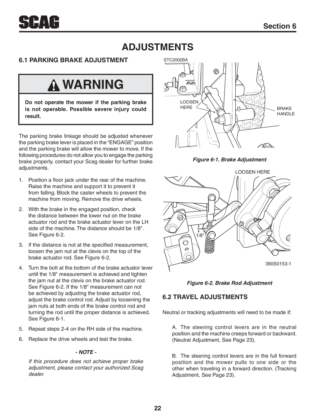 Scag Power Equipment STC52V-27CV-SS manual Parking Brake Adjustment, Travel Adjustments 