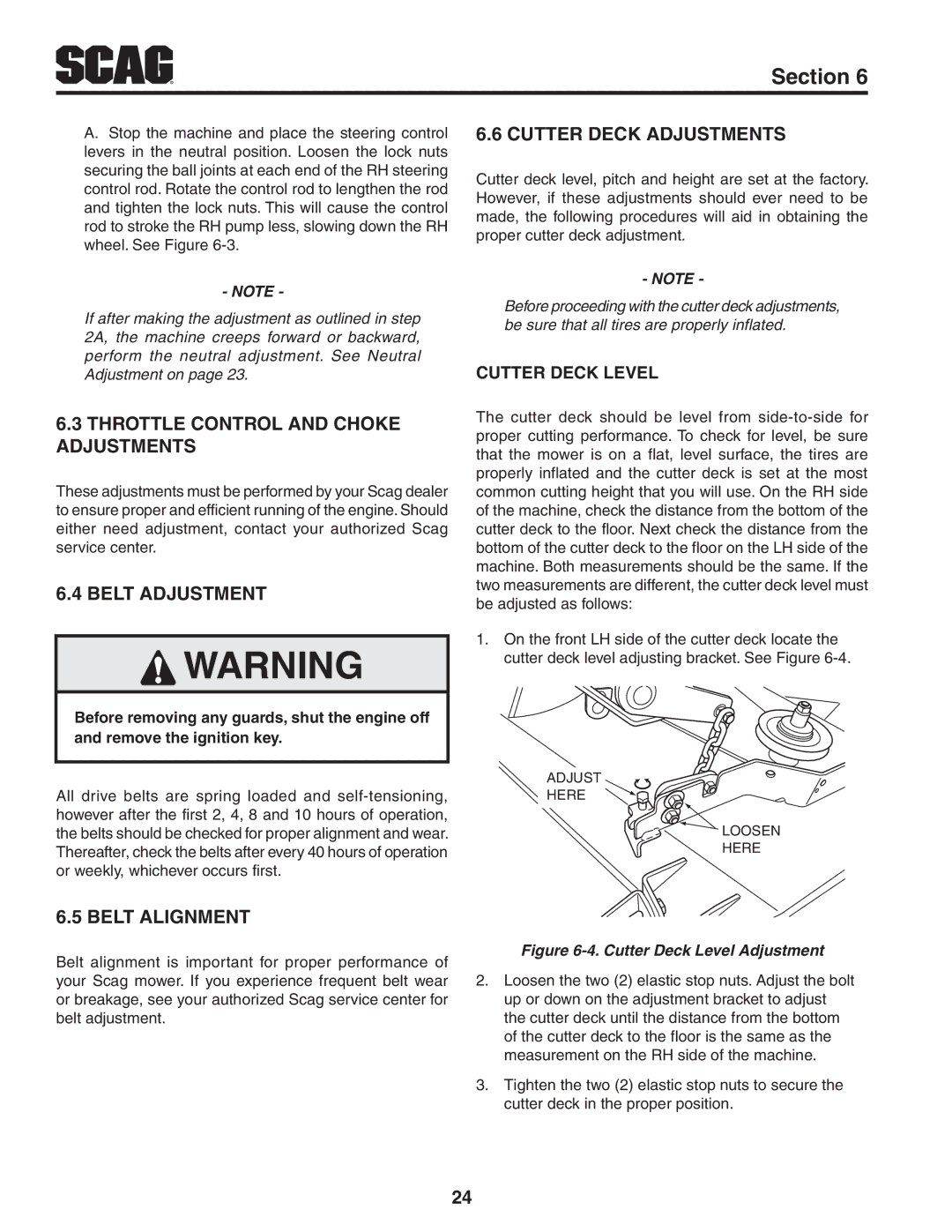 Scag Power Equipment STC52V-27CV-SS manual Throttle Control and Choke Adjustments, Belt Adjustment, Belt Alignment 