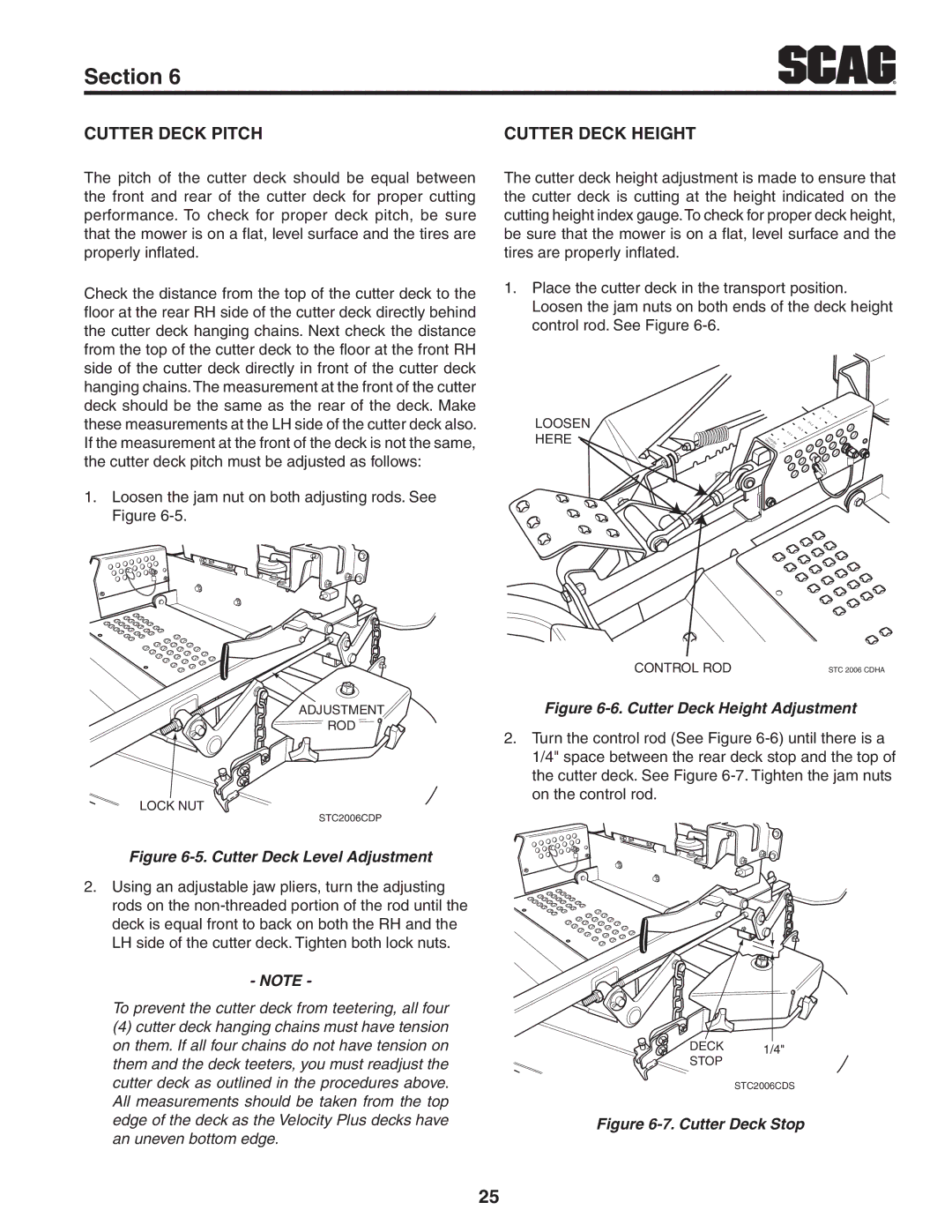 Scag Power Equipment STC52V-27CV-SS manual Cutter Deck Pitch Cutter Deck Height, Cutter Deck Height Adjustment 