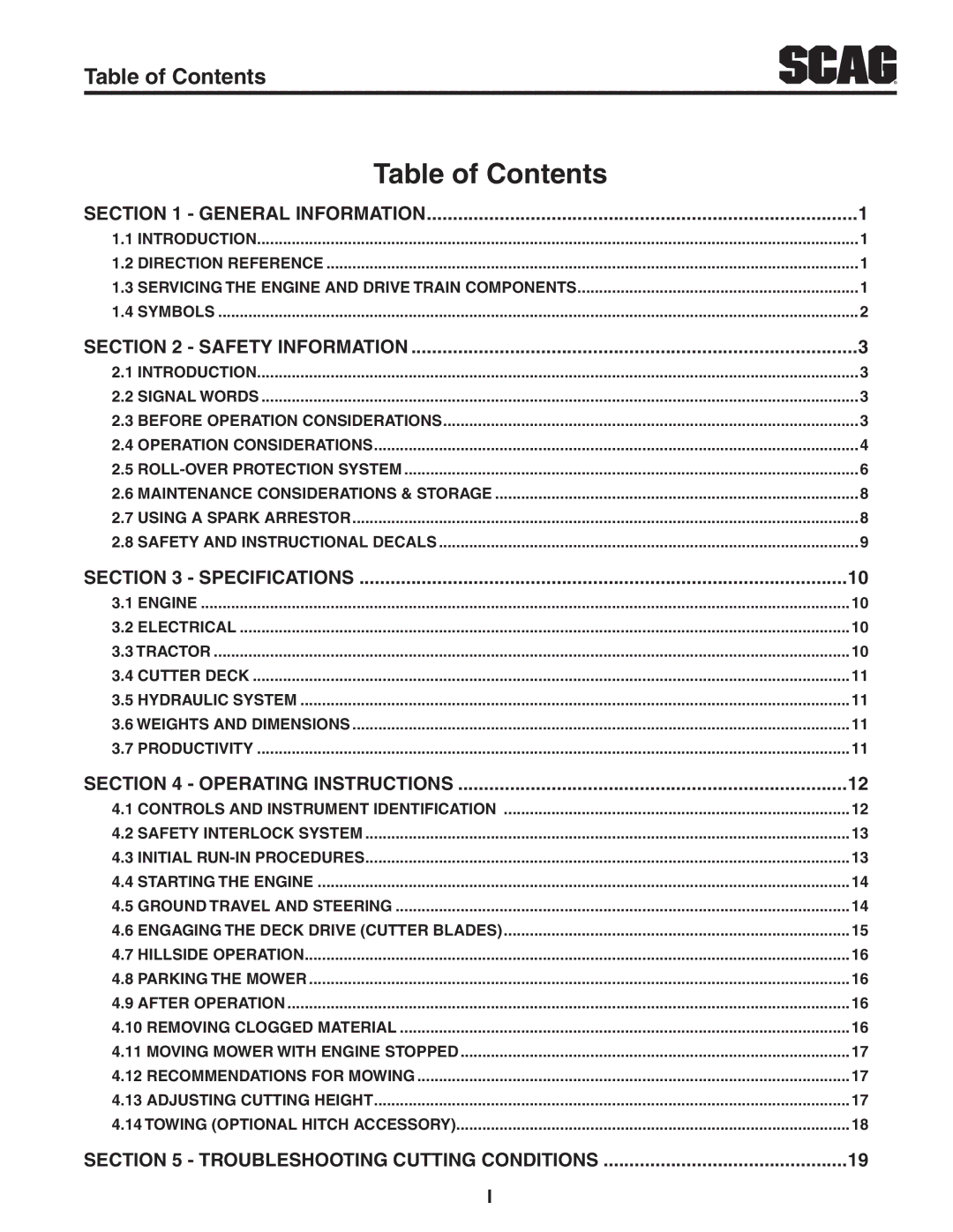 Scag Power Equipment STC52V-27CV-SS manual Table of Contents 