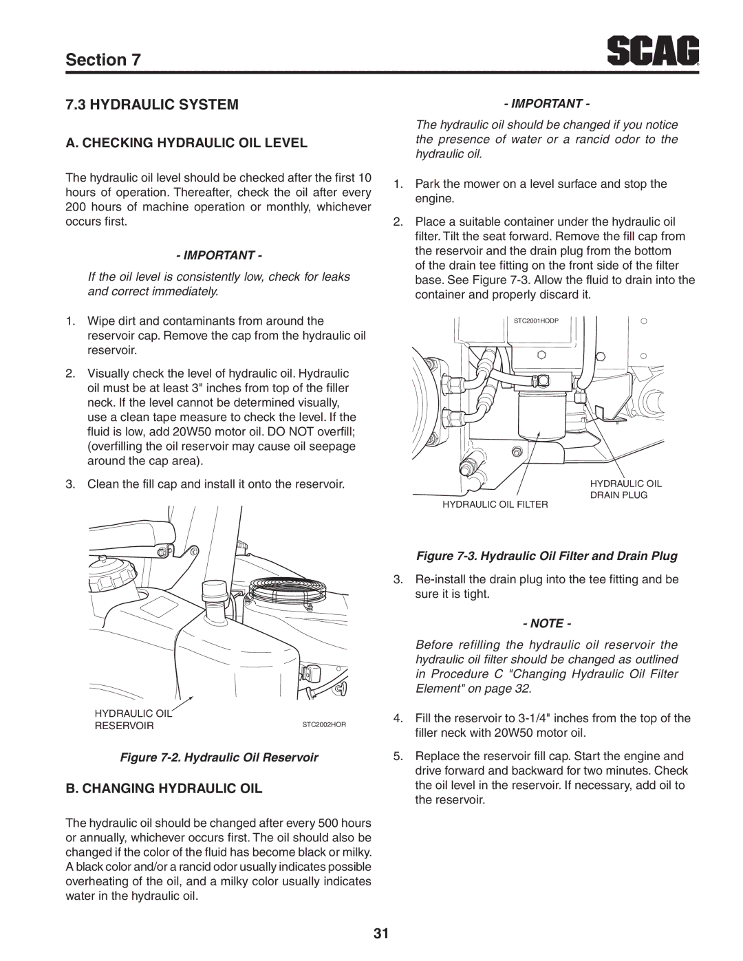 Scag Power Equipment STC52V-27CV-SS manual Checking Hydraulic Oil Level, Changing Hydraulic Oil 