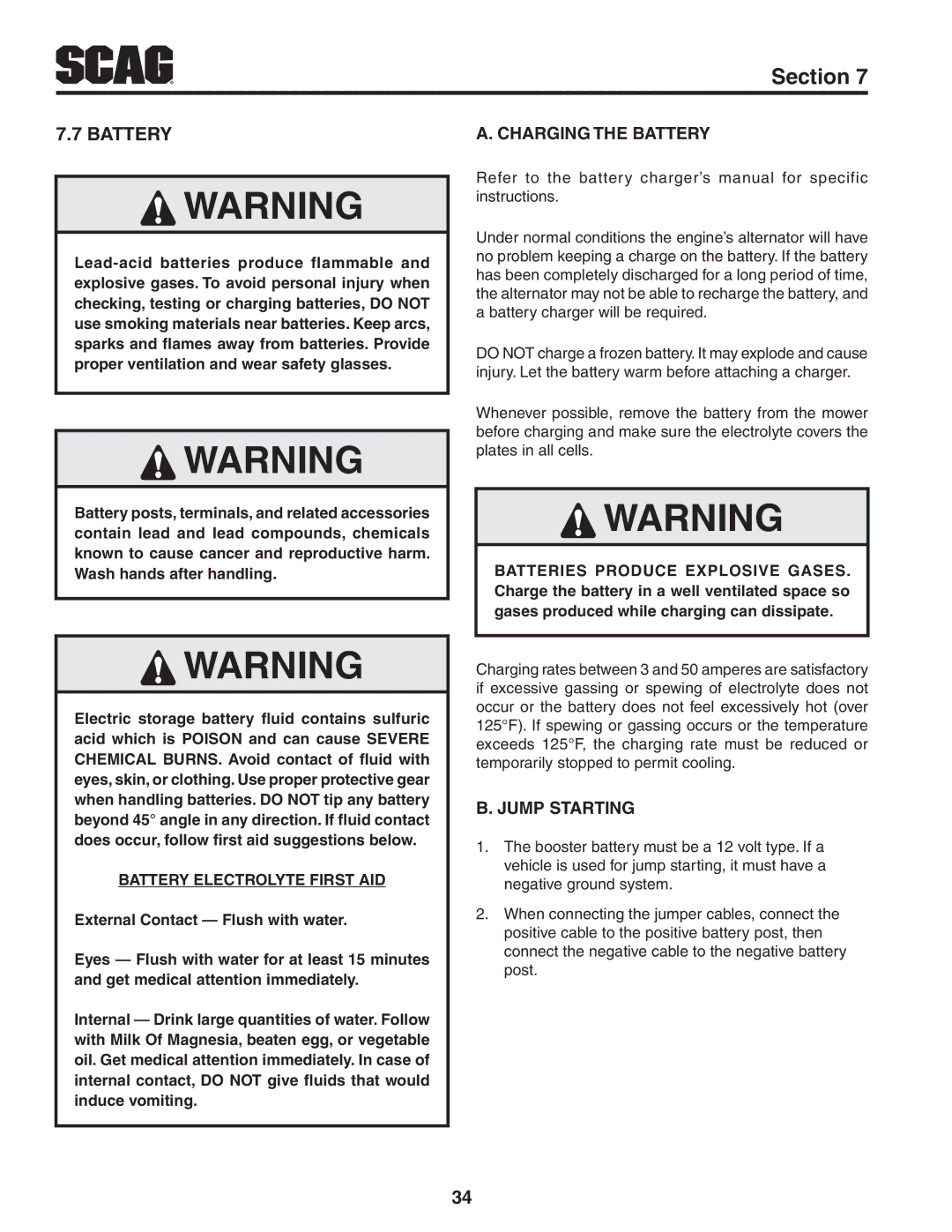 Scag Power Equipment STC52V-27CV-SS manual Charging the Battery, Jump Starting, Battery Electrolyte First AID 