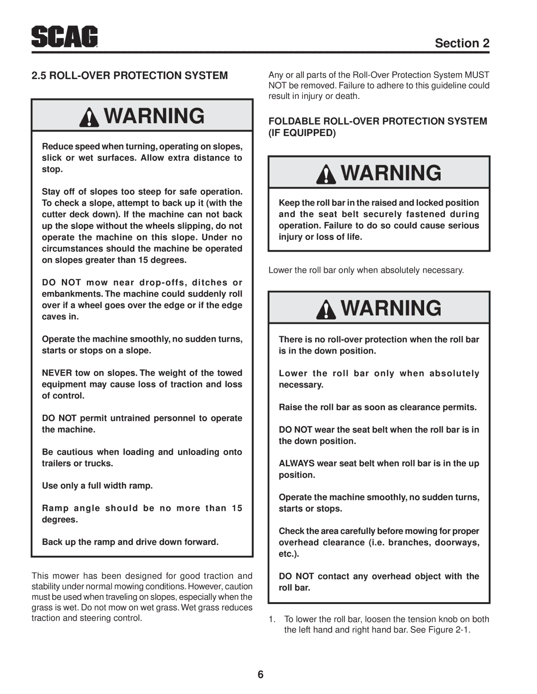 Scag Power Equipment STC61V-25CV-FR, STC61V-23BV, STC52V-23BV manual Foldable Roll-over protection system if equipped 