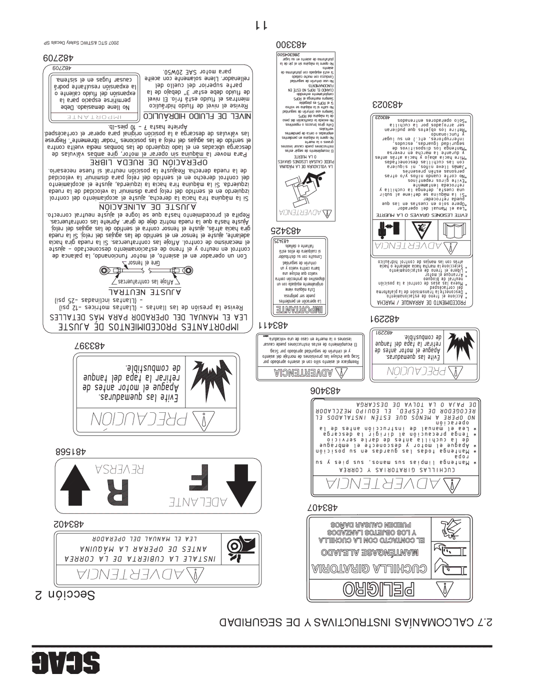 Scag Power Equipment STC52V-25CV-FR, STC61V-23BV, STC52V-23BV, STC61V-25CV-FR manual Seguridad DE Y Instructivas Calcomanías 