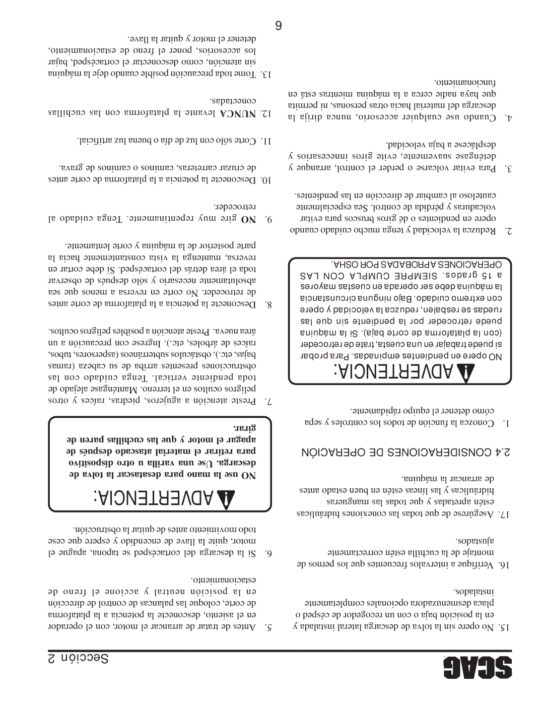 Scag Power Equipment STC48V26BS, STC61V-23BV, STC52V-23BV, STC61V-25CV-FR manual Advertencia, Operación DE Consideraciones 