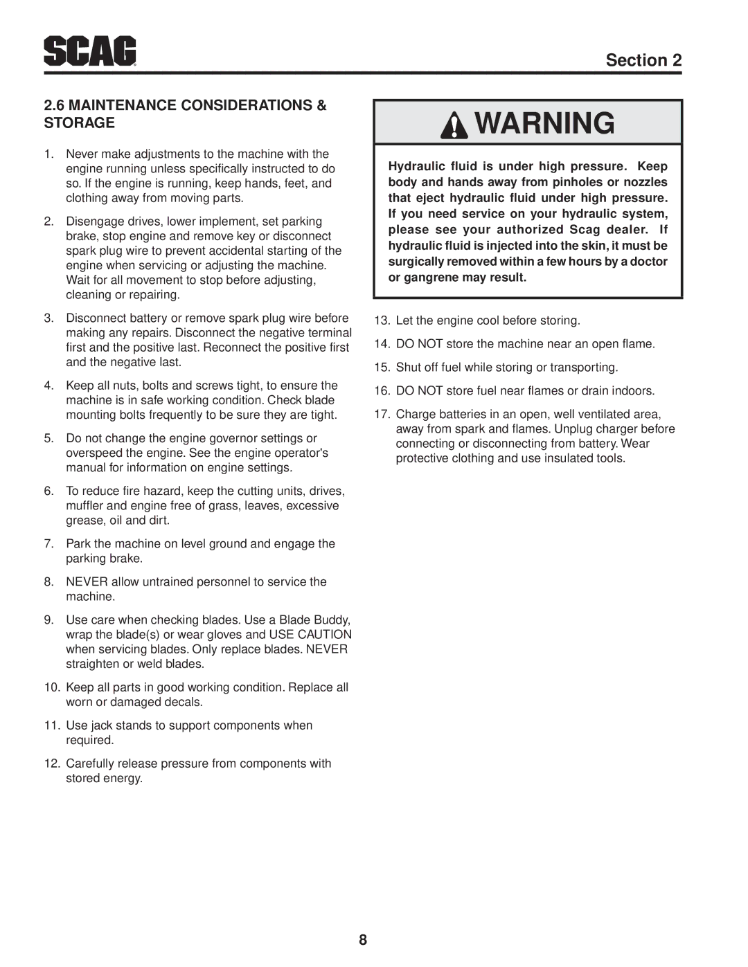 Scag Power Equipment STC48V26BS, STC61V-23BV, STC52V-23BV, STC61V-25CV-FR, STC52V-25CV Maintenance Considerations & storage 