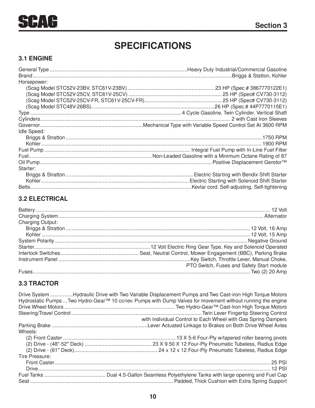 Scag Power Equipment STC48V-26BS, STC61V-23BV, STC52V-23BV, STC61V-25CV-FR manual Specifications, Engine, Electrical, Tractor 