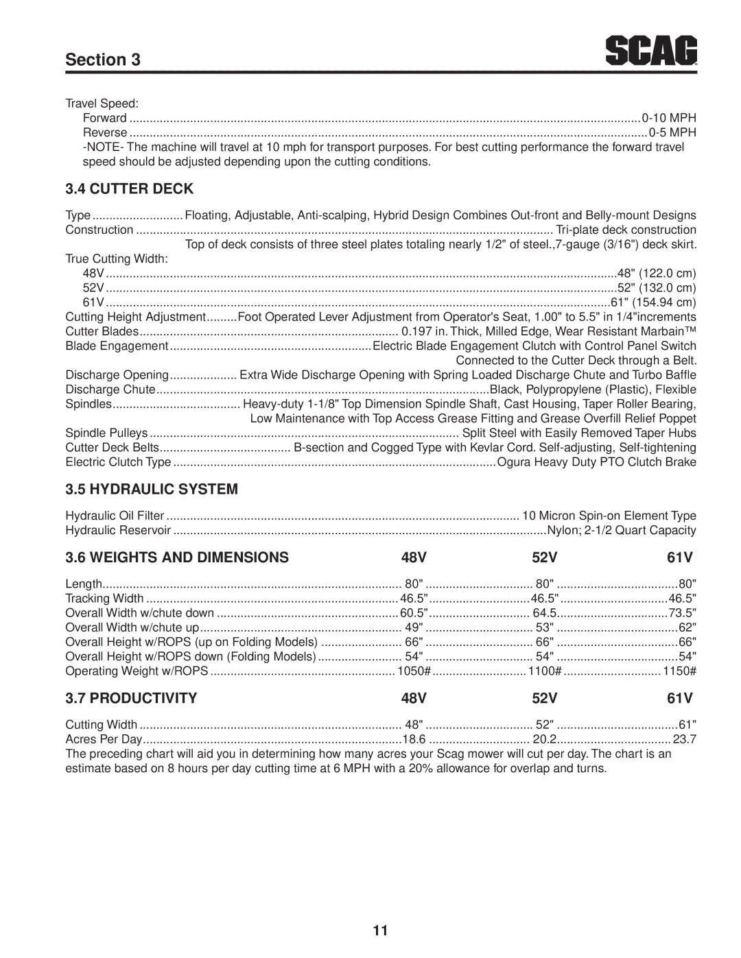 Scag Power Equipment STC52V-25CV-FR manual Cutter Deck, Hydraulic System, Weights and Dimensions 48V 52V 61V, Productivity 