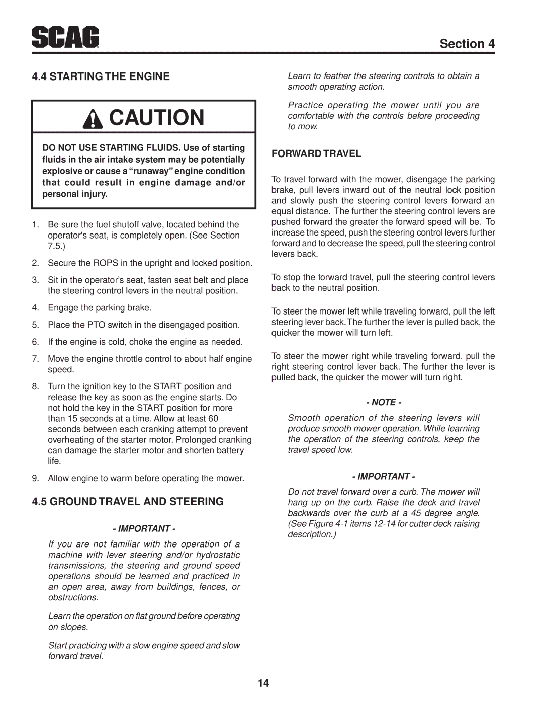 Scag Power Equipment STC61V-25CV-FR, STC61V-23BV manual Starting the Engine, Ground Travel and Steering, Forward Travel 
