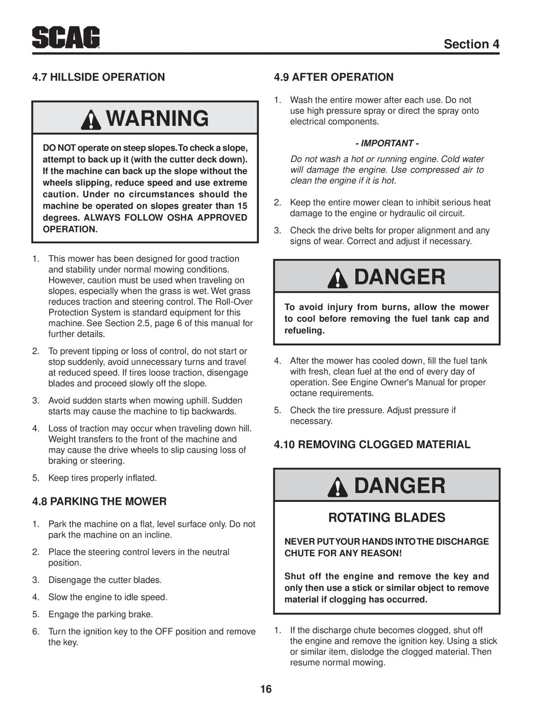 Scag Power Equipment STC48V26BS manual Hillside Operation, Parking the Mower, After Operation, Removing Clogged Material 