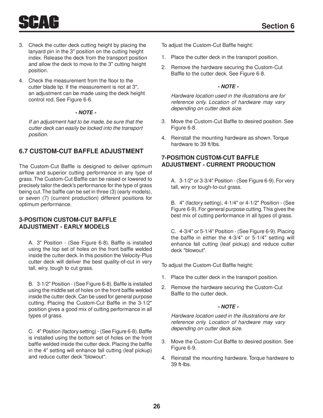 Scag Power Equipment STC48V-26BS, STC61V-23BV, STC52V-23BV manual Position Custom-Cut Baffle Adjustment eARLY mODELS 